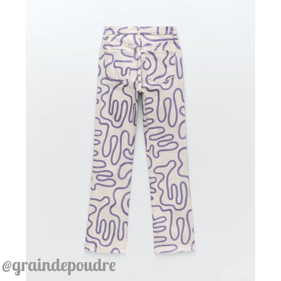 Rare Zara Purple Squiggle Graffiti Print Off White Straight Leg Jeans 36 4 42 10 - Picture 3 of 6